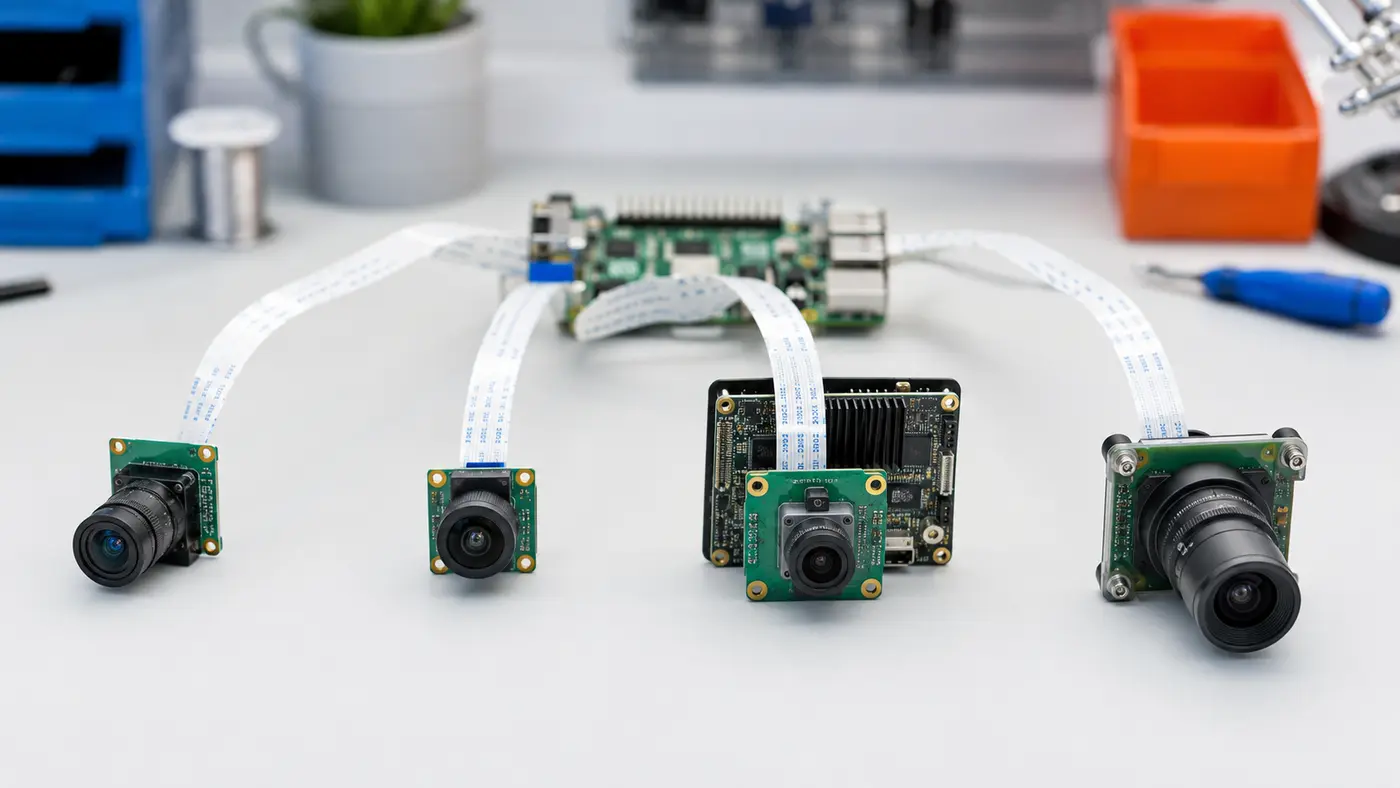 Bốn module camera có kích thước và ống kính khác nhau nối bằng cáp dẹt