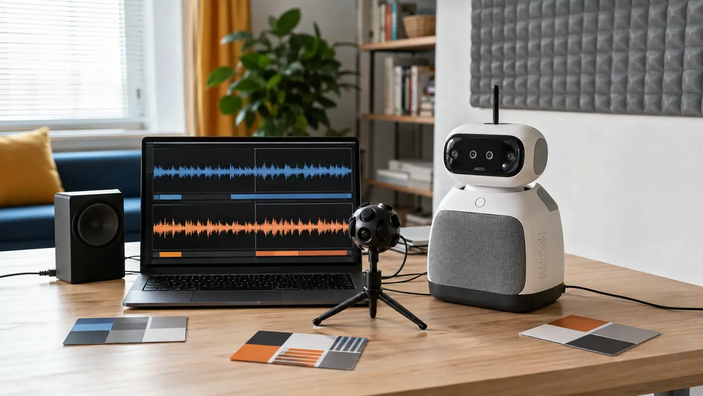 Minh họa biên tập robot bàn màu xanh với bong bóng thoại tiếng Việt và các tầng tín hiệu âm thanh