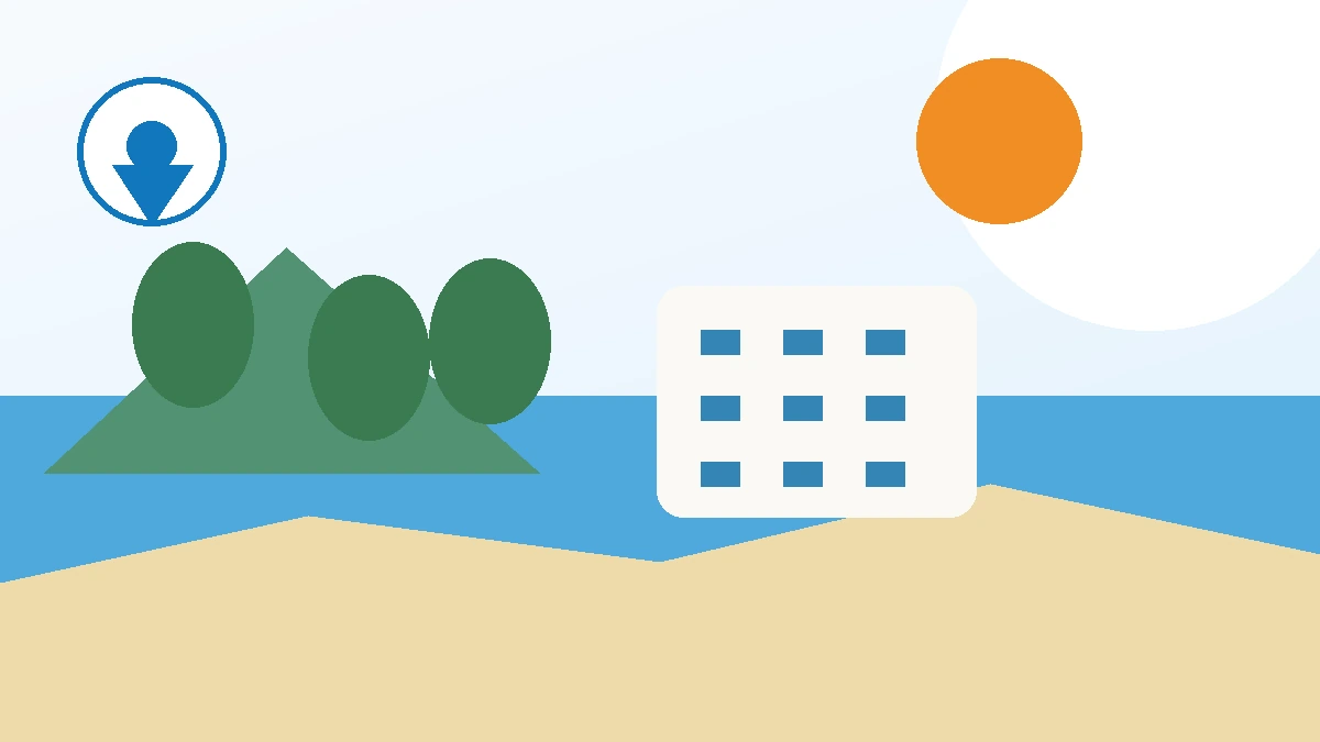 Redaktionelle Illustration: Fuerteventura mit weitem Strand und Inselhügeln