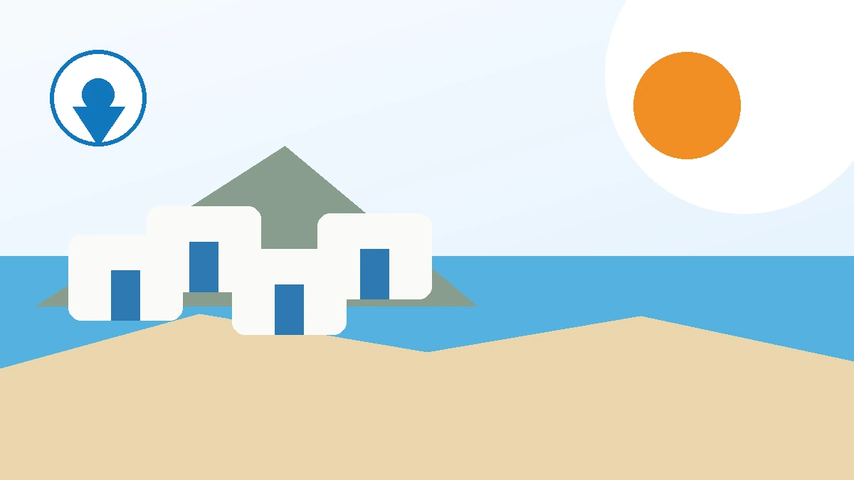 Redaktionelle Illustration: Kreta mit griechischer Inselarchitektur und Meer