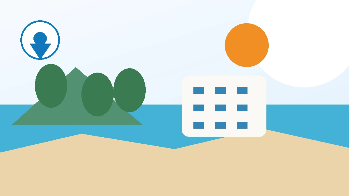 Redaktionelle Illustration: Mallorca mit Strand, grüner Insel und Hotel